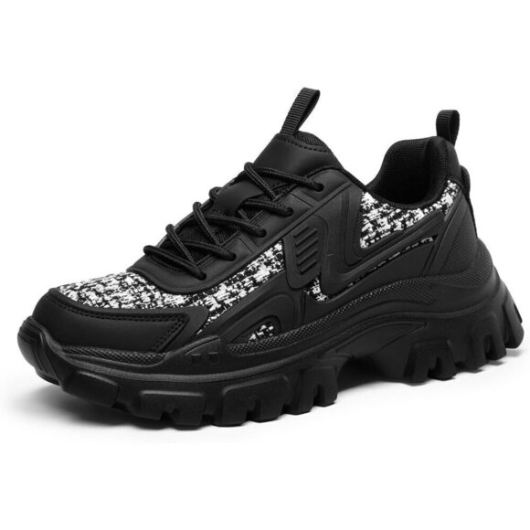 Women Black Chunky Fashion Sneakers Bold Lace-Up Comfortable Sneakers - Picture 1 of 7